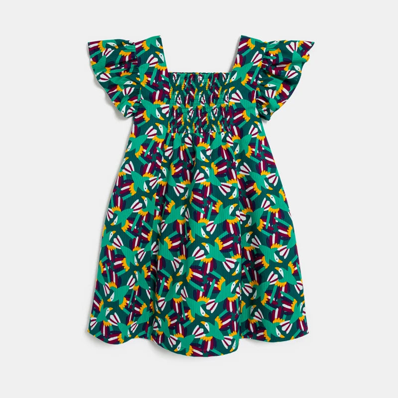 Meiteņu kleita ar krāsainu putnu apdruku