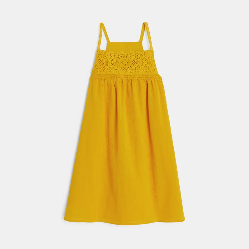 Meiteņu kleita ar tamborētu rakstu, medus dzeltena