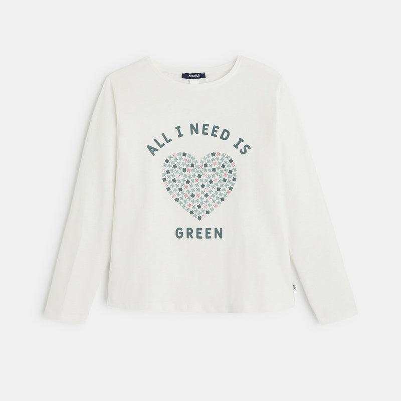 Meiteņu T-krekls ar sirds motīvu ALL I NEED IS GREEN, balts