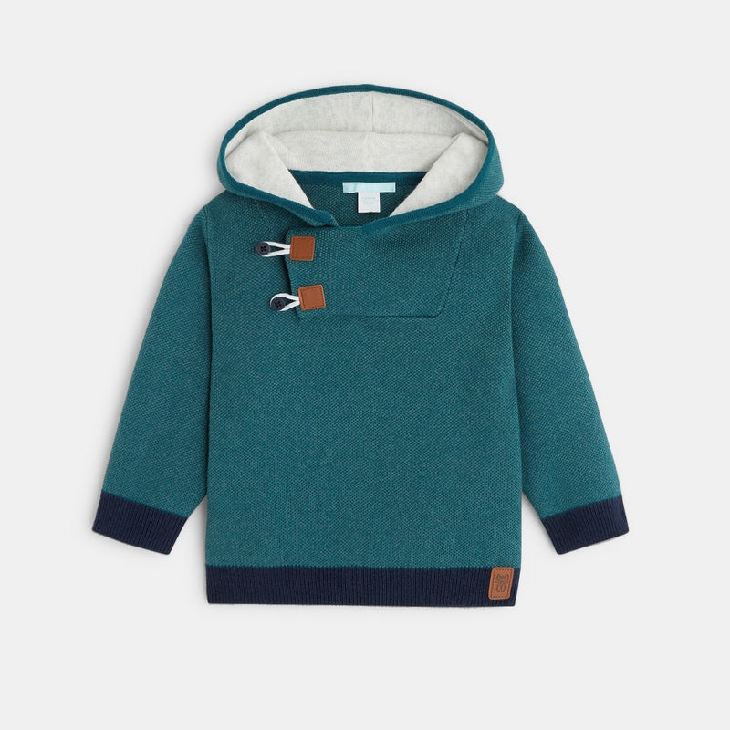 Sportiska stila adīts džemperis ar kapuci maziem zēniem, zilgana zaļa