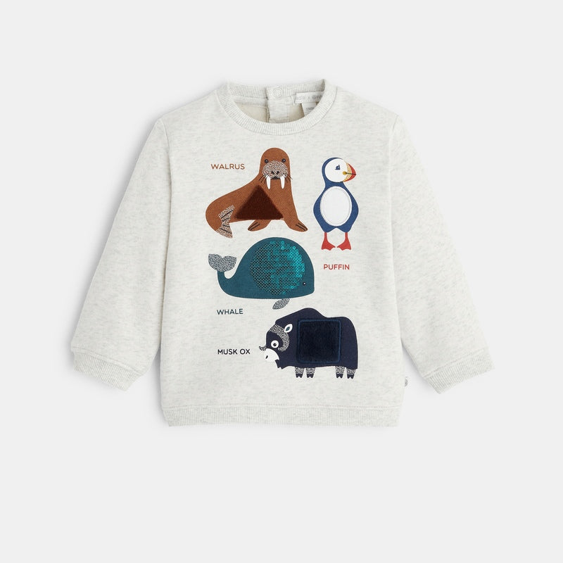 Sportiska stila džemperis ar dzīvnieku aplikācijām maziem zēniem, bēšs