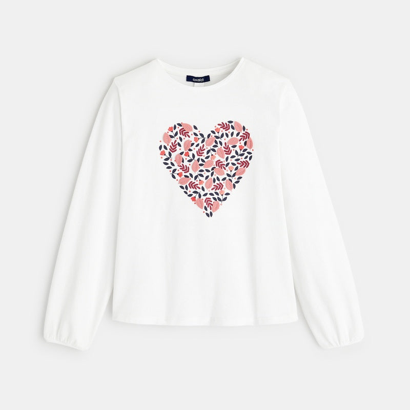 Meiteņu T-krekls ar sirds formas aplikāciju, balts
