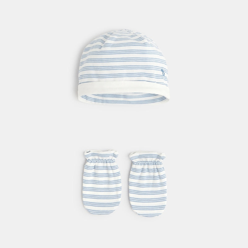Zīdaiņu cepure un cimdiņi, zils/balts